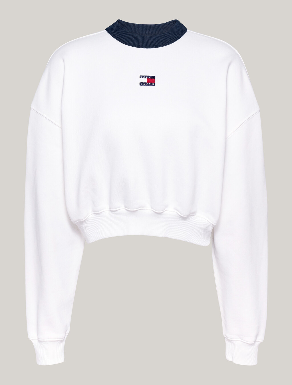 Oversized Cropped Contrast Neckline Sweatshirt, White, hi-res