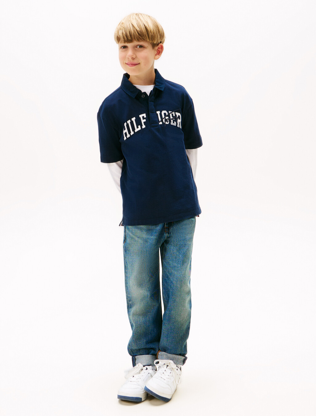 男童裝復刻風混合圖案 Polo 衫, Dark Night Navy, hi-res
