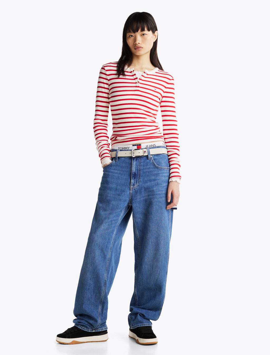 Ribbed Long Sleeve Slim T-Shirt, Red/White Sripe, hi-res