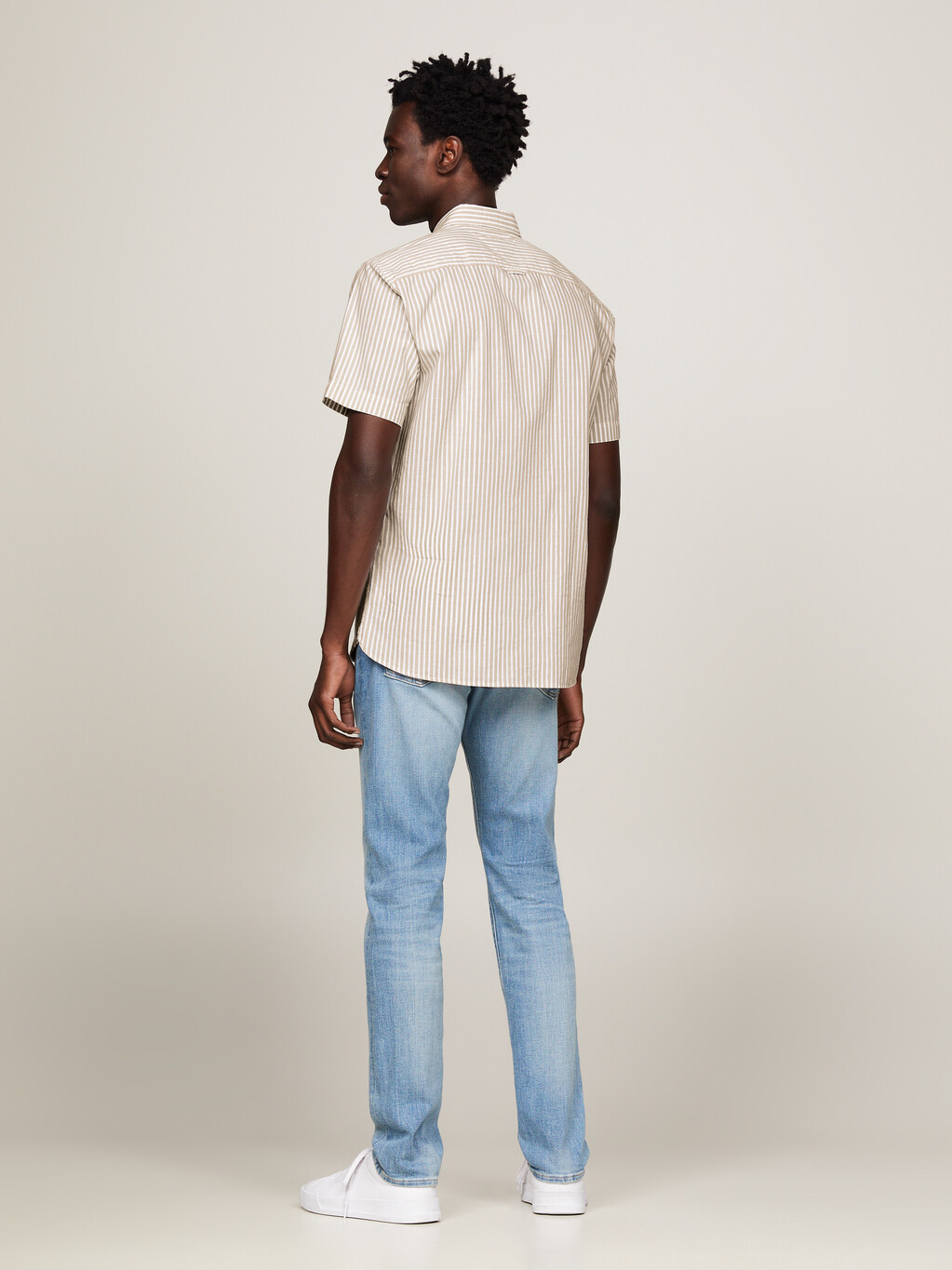 條紋常規版型短袖襯衫, Beige / Optic White, hi-res