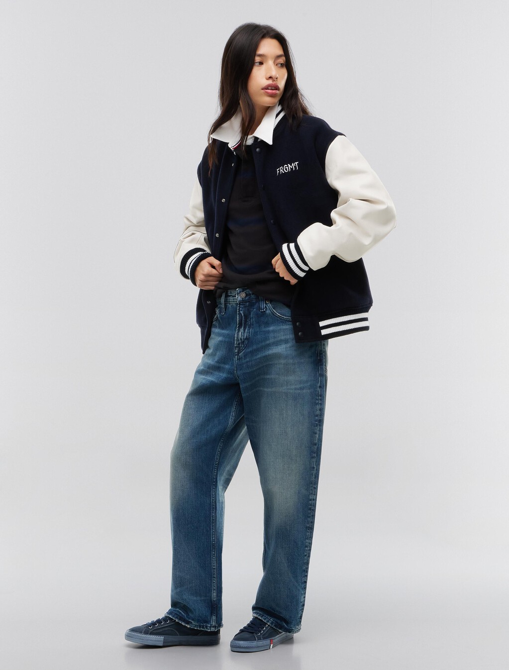 Tommy Hilfiger x FRGMT Pebble Grain Leather Varsity Jacket, Navy Blue / Ecru, hi-res