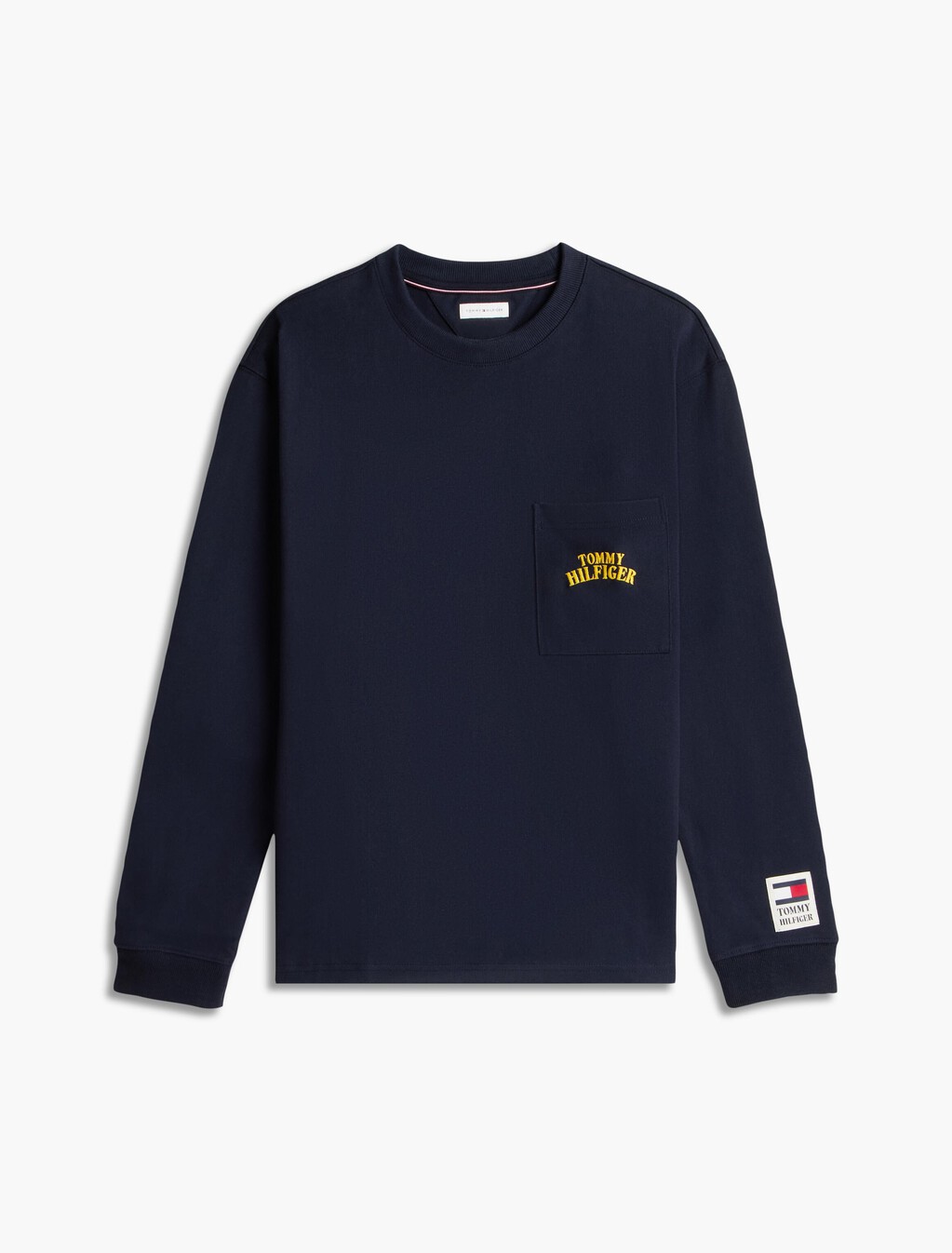 學院風標誌口袋寬鬆版長袖棉質T 恤, Navy Blue, hi-res