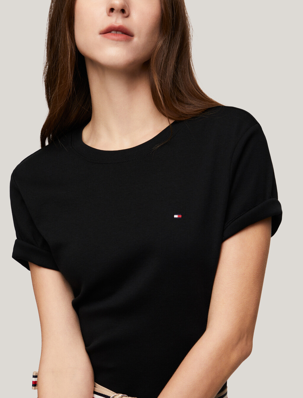 Flag Embroidery Ribbed Slim T-Shirt, Black, hi-res