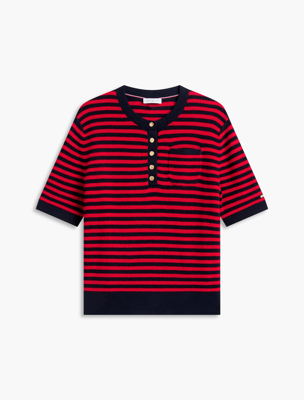 金色鈕扣亨利領短袖針織上衣, Dark N Navy/Fire Red Stp, hi-res