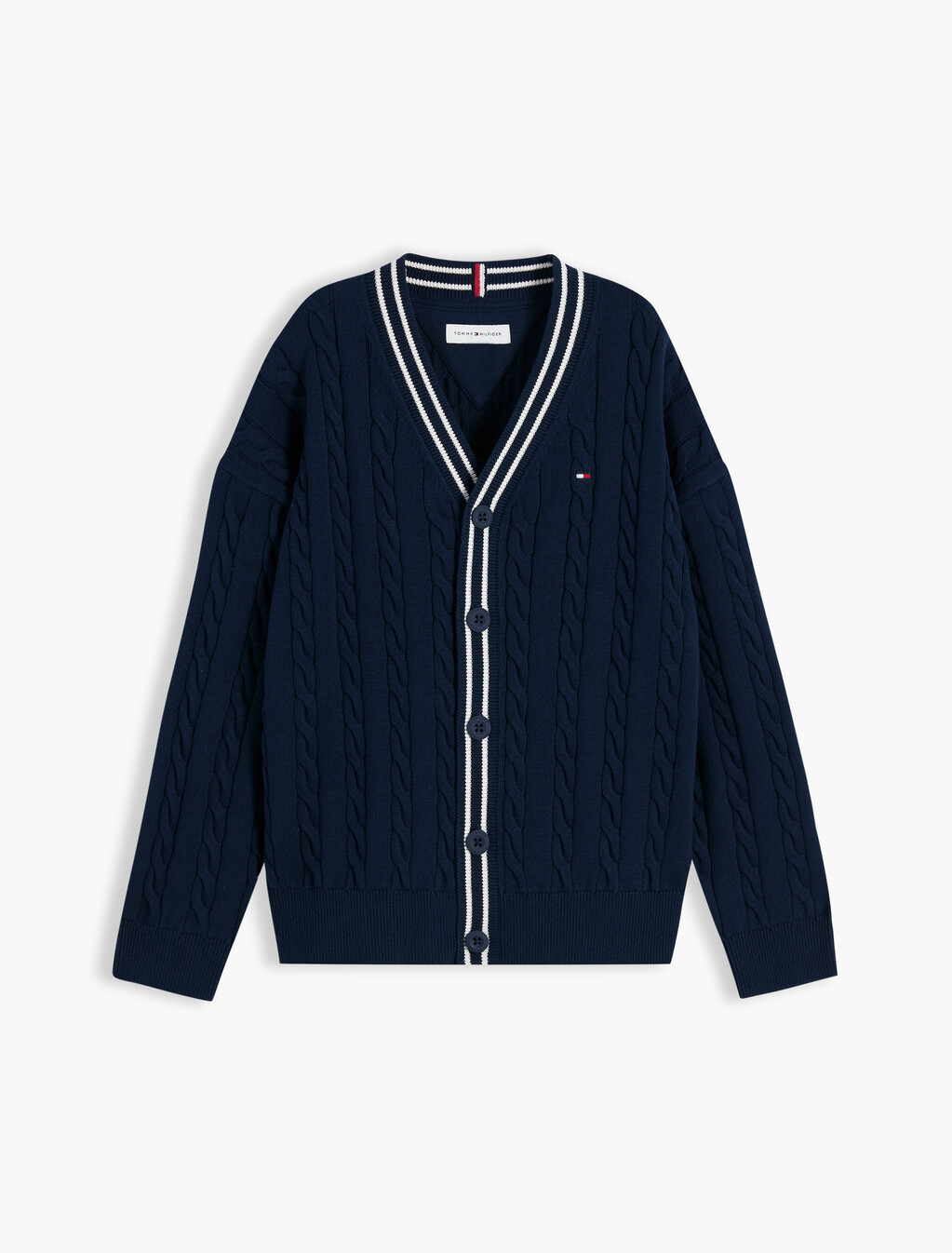 Tipped Cable Knit Polo Cardigan, Dark Night Navy, hi-res