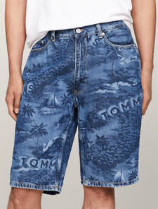 Aiden Hawaiian Lasered Denim Baggy Shorts, Denim Medium, hi-res