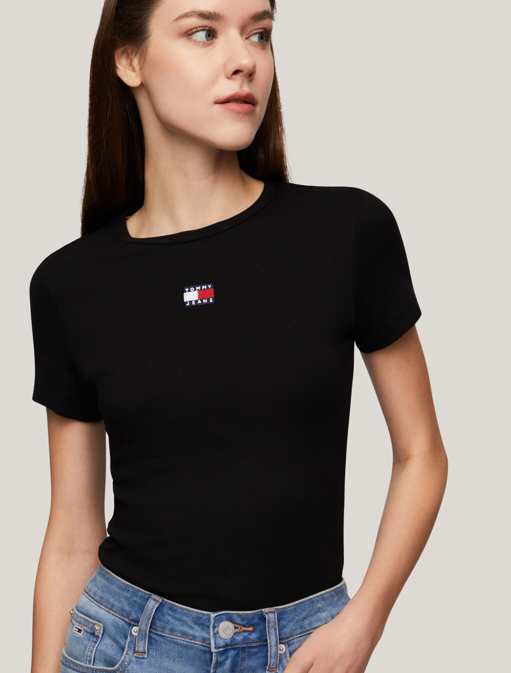 Slim Badge Ribbed T-Shirt, Black, hi-res