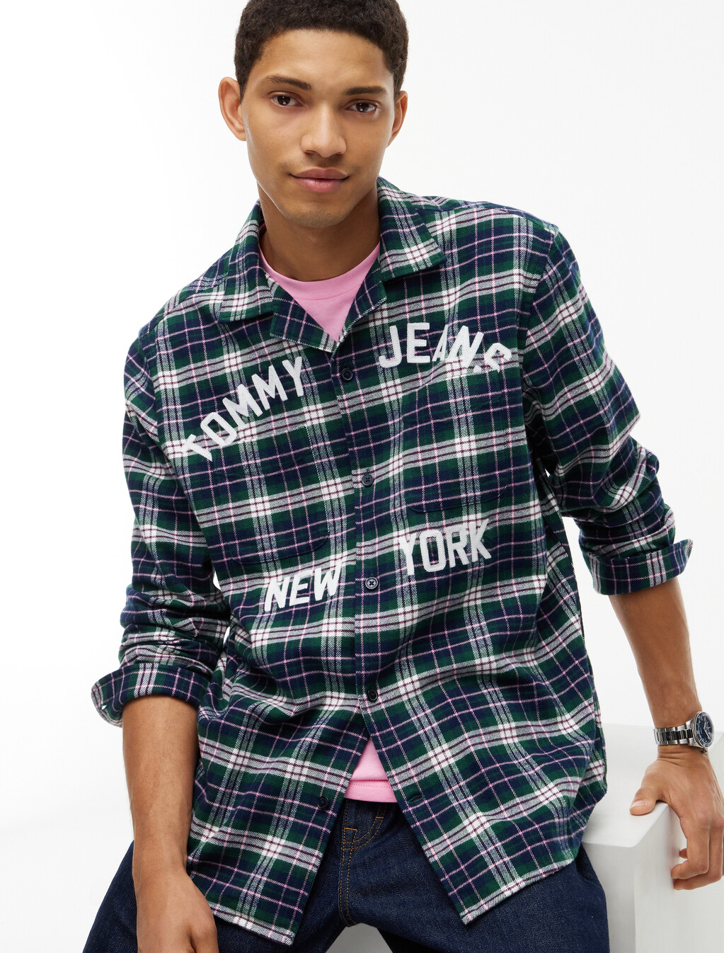 Relaxed Fit Logo Embroidery Flannel Shirt, Velvet Green Check, hi-res