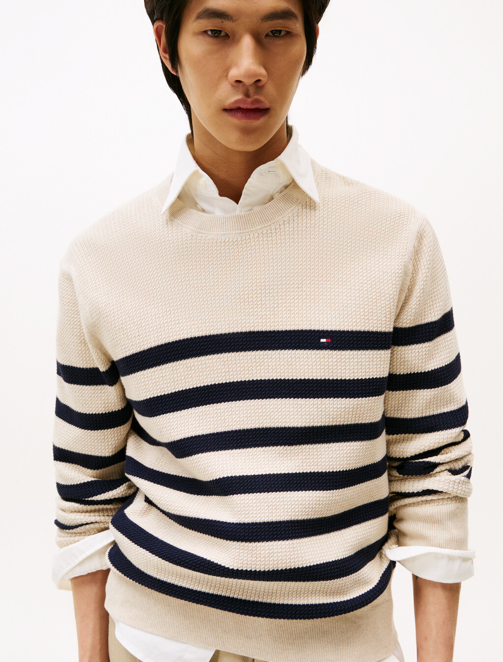 Textured Knit Crew Neck Jumper, Oatmilk Htr / Desert Sky, hi-res