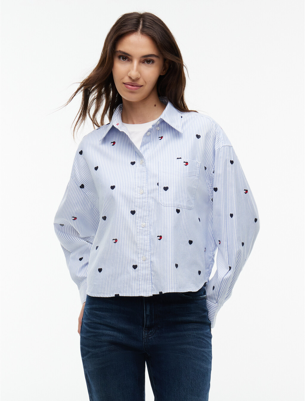 Festive Heart Embroidery Cropped Oxford Shirt, Sheer Blue / Stripe, hi-res