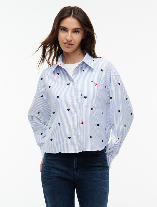 Festive Heart Embroidery Cropped Oxford Shirt