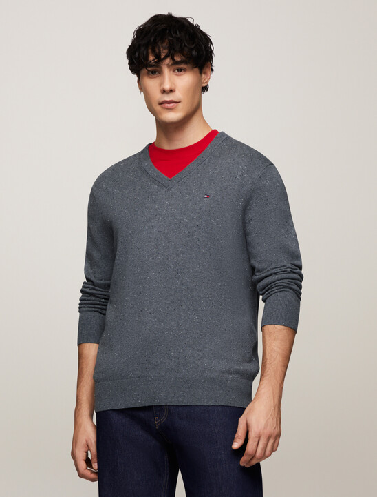 Cotton Cashmere V-Neck Jumper, Donegal Medium Grey Heather Cotton Cashmere V-Neck Jumper