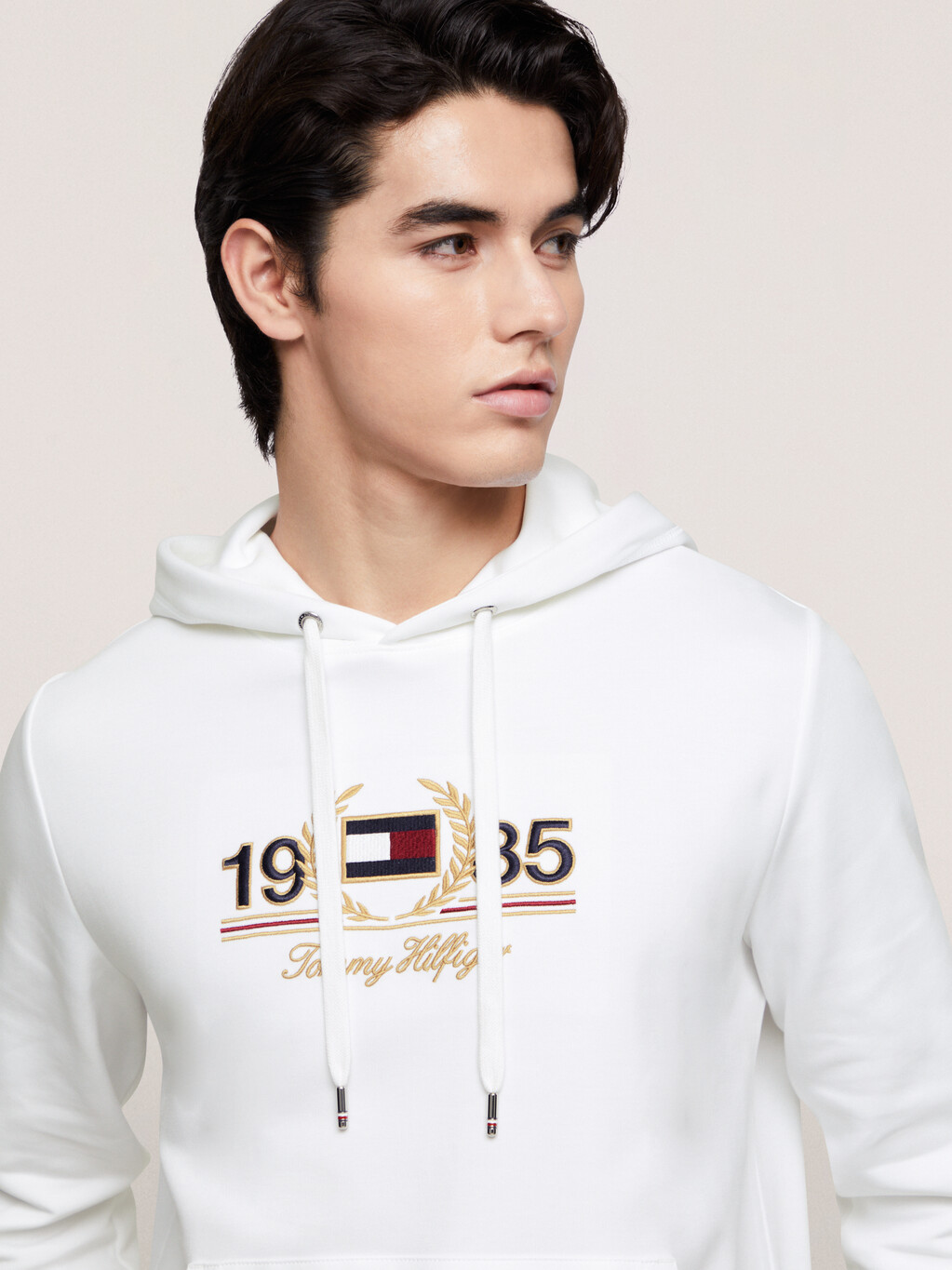 Chest Logo Embroidery Drawstring Hoody, White, hi-res