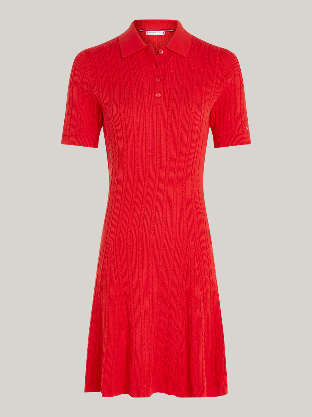 Cable Knit Knee Length Polo Sweater Dress, Fierce Red, hi-res