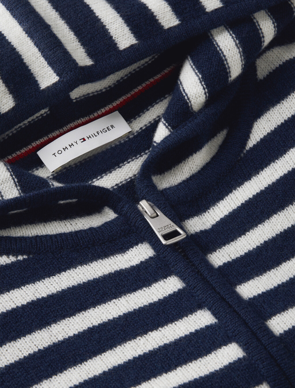Pure Wool Slim Zip-Thru Hooded Jumper, Stripe Dark Blue / Ecru, hi-res