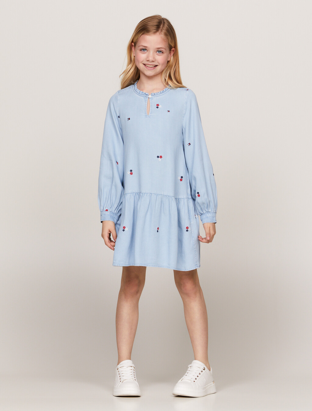 Floral Embroidery Fit And Flare Dress, Denim Medium, hi-res