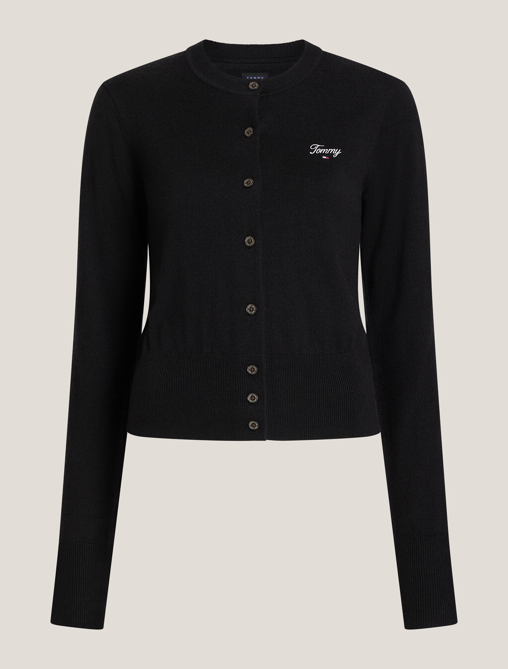 Script Logo Round Neck Cardigan, Black, hi-res