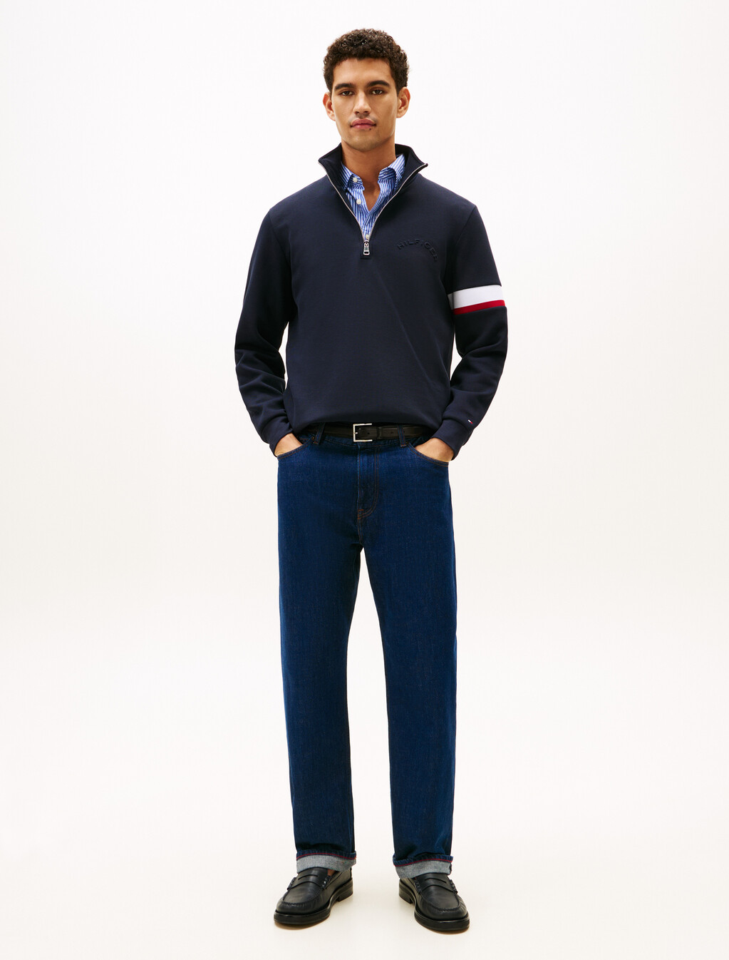Half Zip Stripe Insert Cotton Pique Sweatshirt, Desert Sky, hi-res