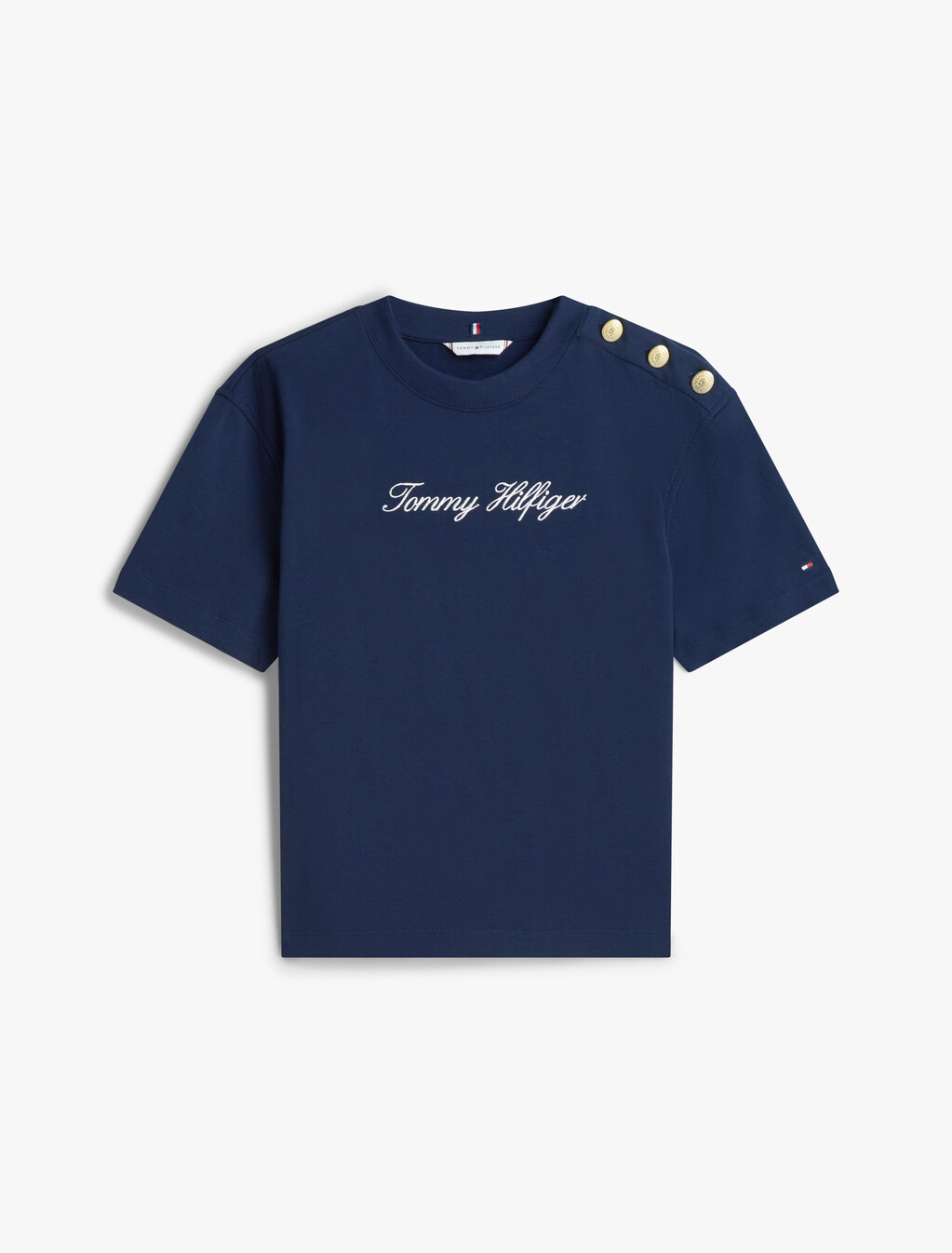 Gold-Tone Button Logo Embroidery Relaxed T-Shirt, Dark Night Navy, hi-res