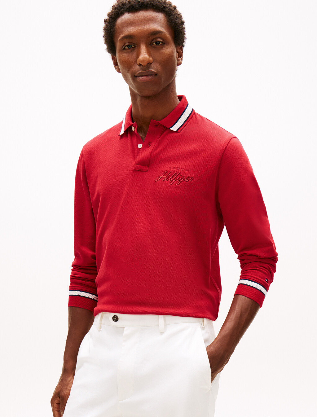 Regular Fit Tipped Long Sleeve Polo Shirt, Medium Red, hi-res