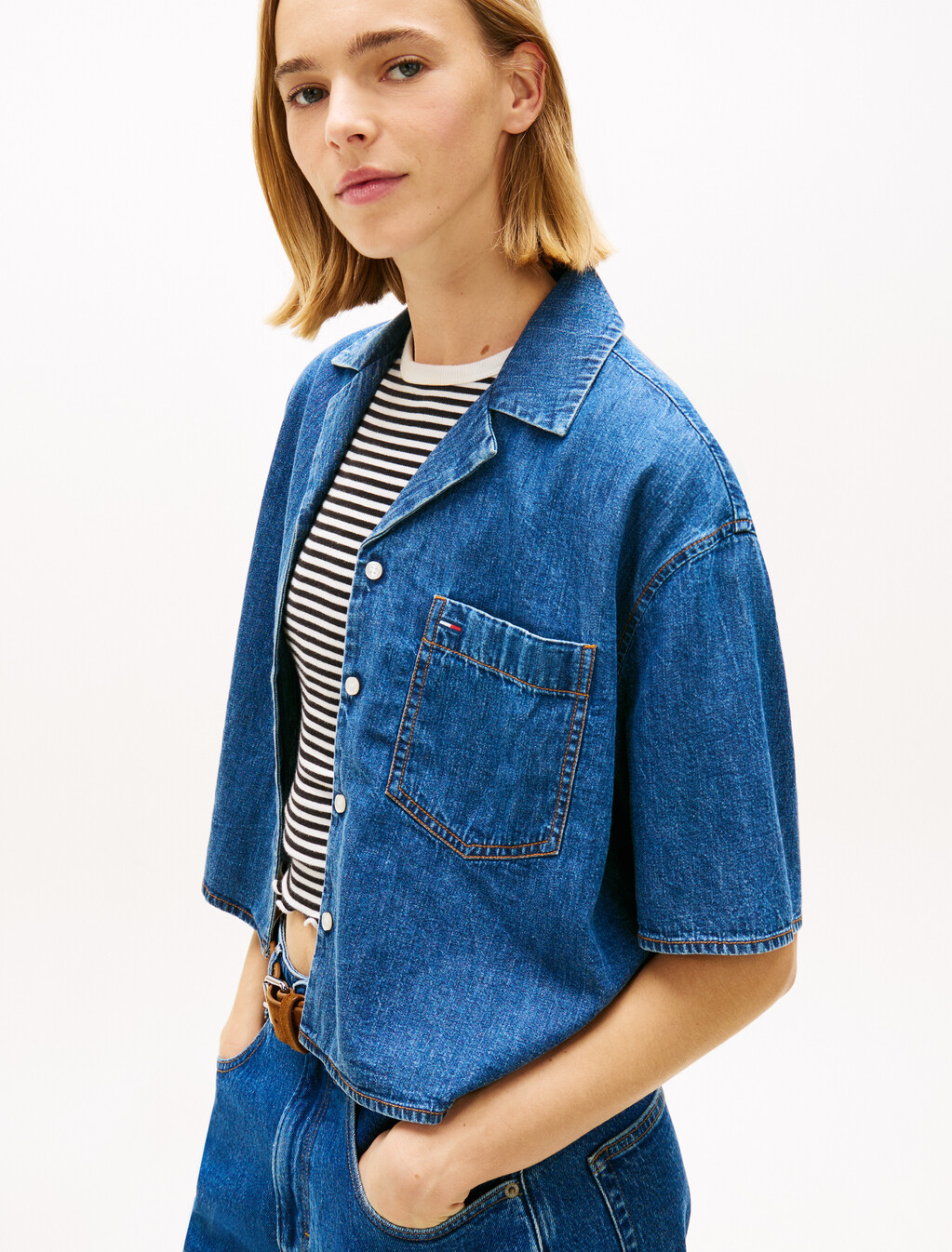 Relaxed Fit Chambray Cropped Shirt, Denim Medium, hi-res