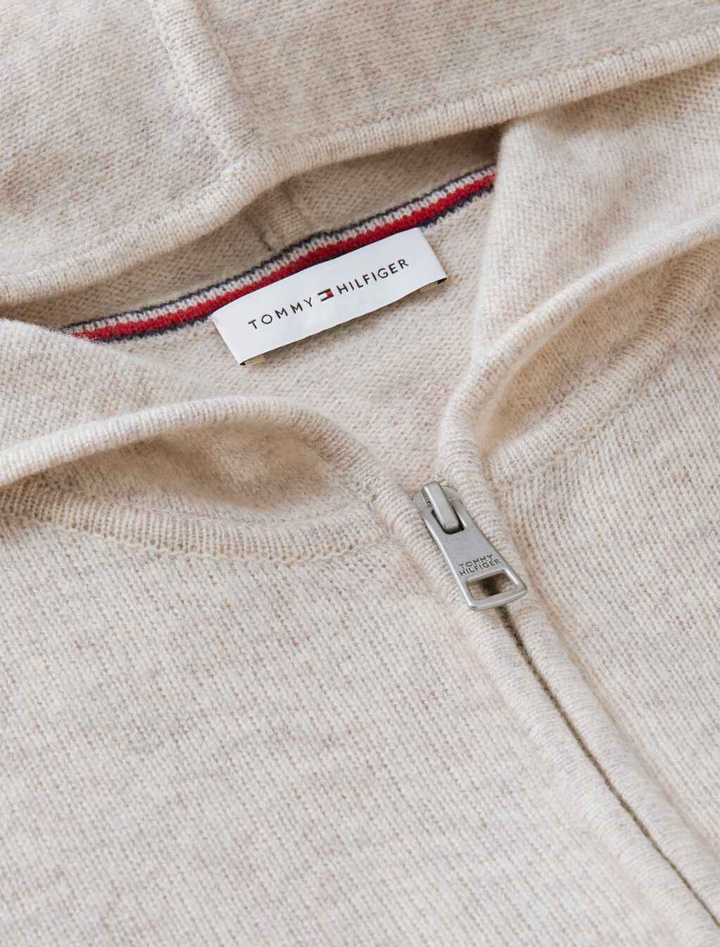 Pure Wool Slim Zip-Thru Hooded Jumper, Heather Oatmeal, hi-res