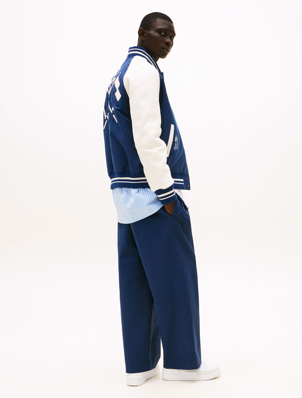 The Runway Collection Back Logo Varsity Jacket, Carbon Navy/Ecru, hi-res