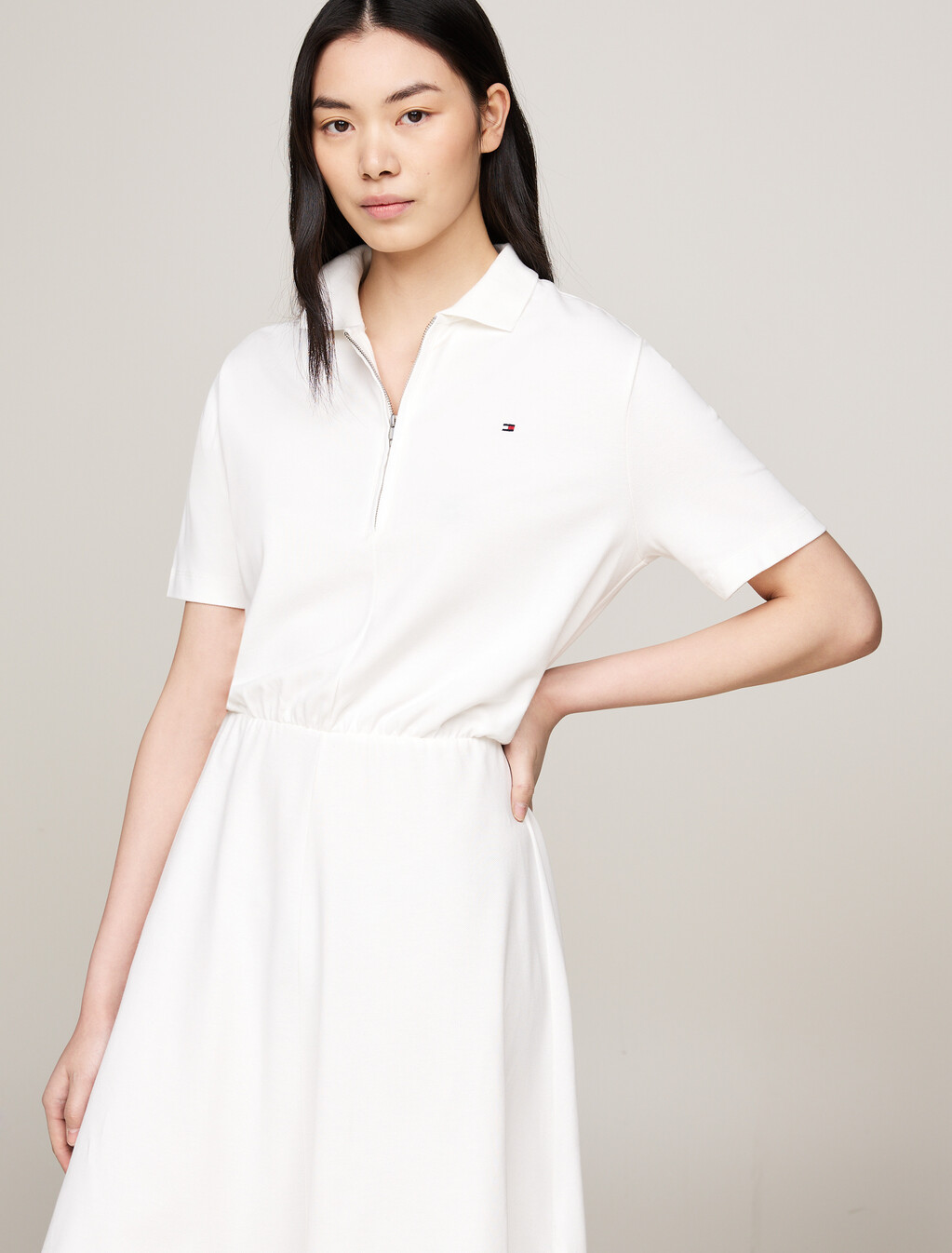 Zip Placket Fit And Flare Polo Dress, Ecru, hi-res