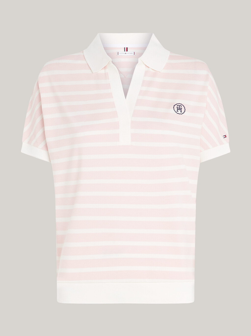 寬鬆萊賽爾條紋 Polo 恤, Breton Ecru/Whimsy Pink, hi-res