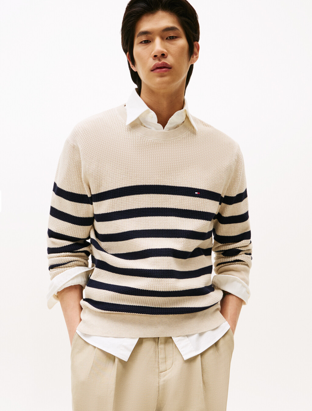 Textured Knit Crew Neck Jumper, Oatmilk Htr / Desert Sky, hi-res