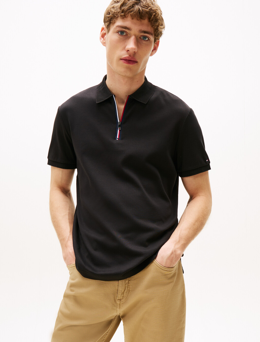 雙面針織拉鍊領 Polo 衫, Black, hi-res
