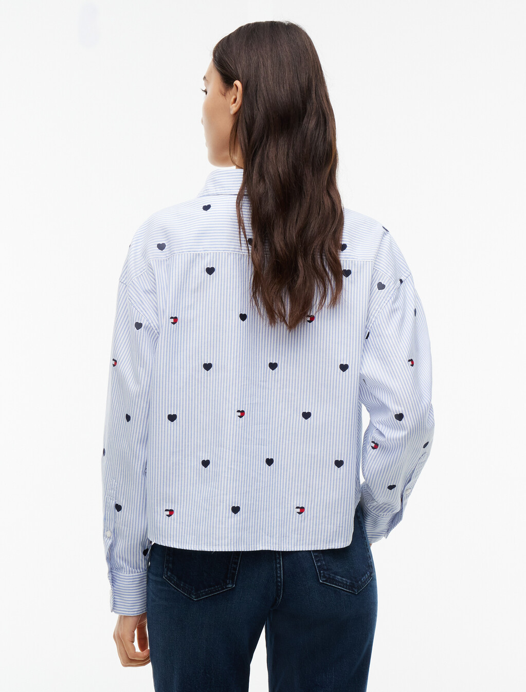 Festive Heart Embroidery Cropped Oxford Shirt, Sheer Blue / Stripe, hi-res