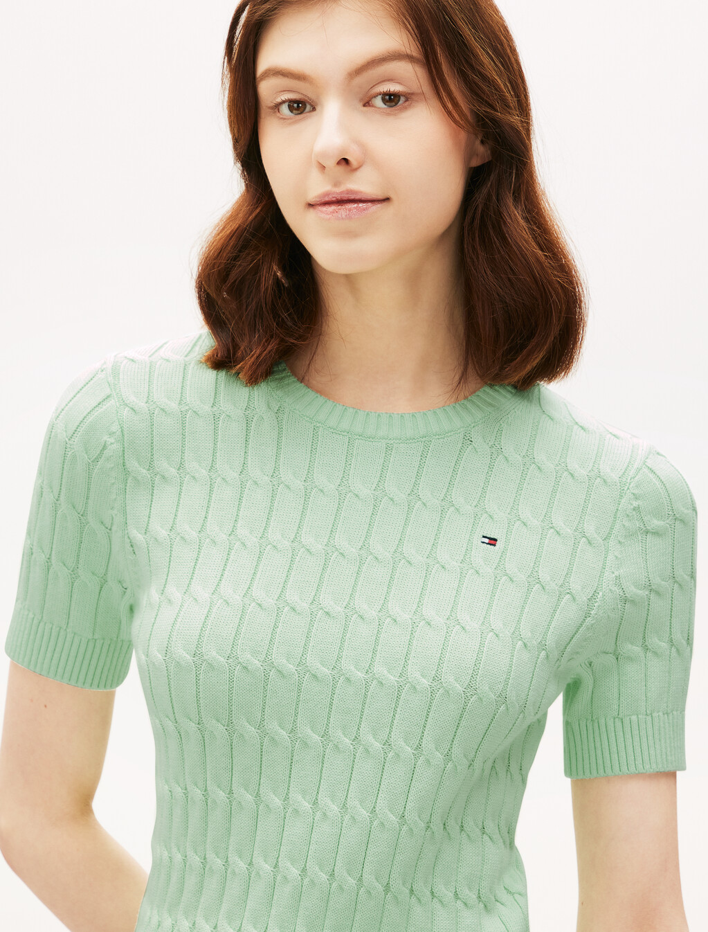 Cable Knit Short Sleeve Jumper, Opal Green, hi-res