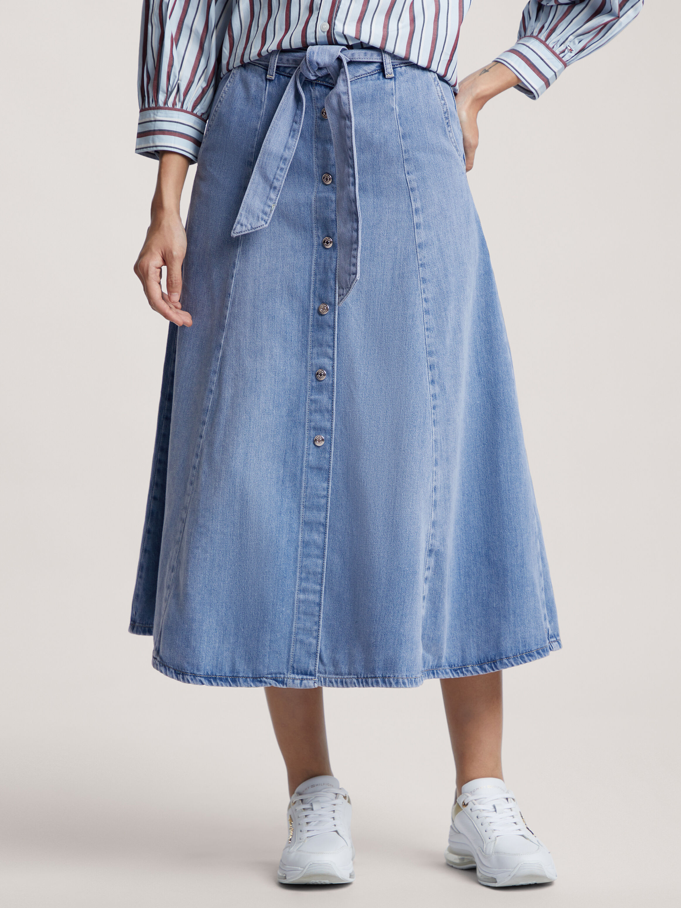 Belted Fit And Flare Denim Midi Skirt | | Tommy Hilfiger