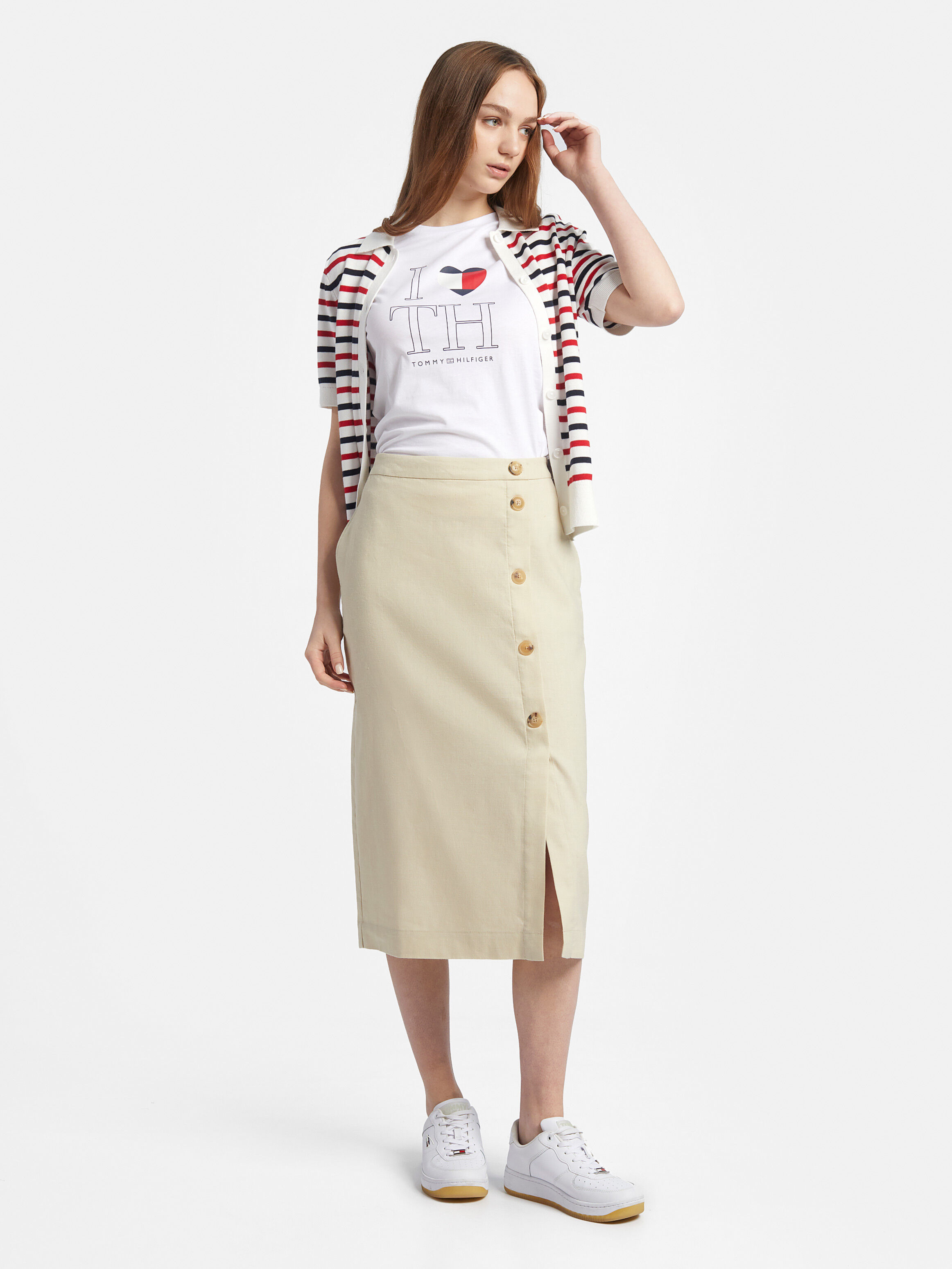 Stretch Linen Knee Length Skirt
