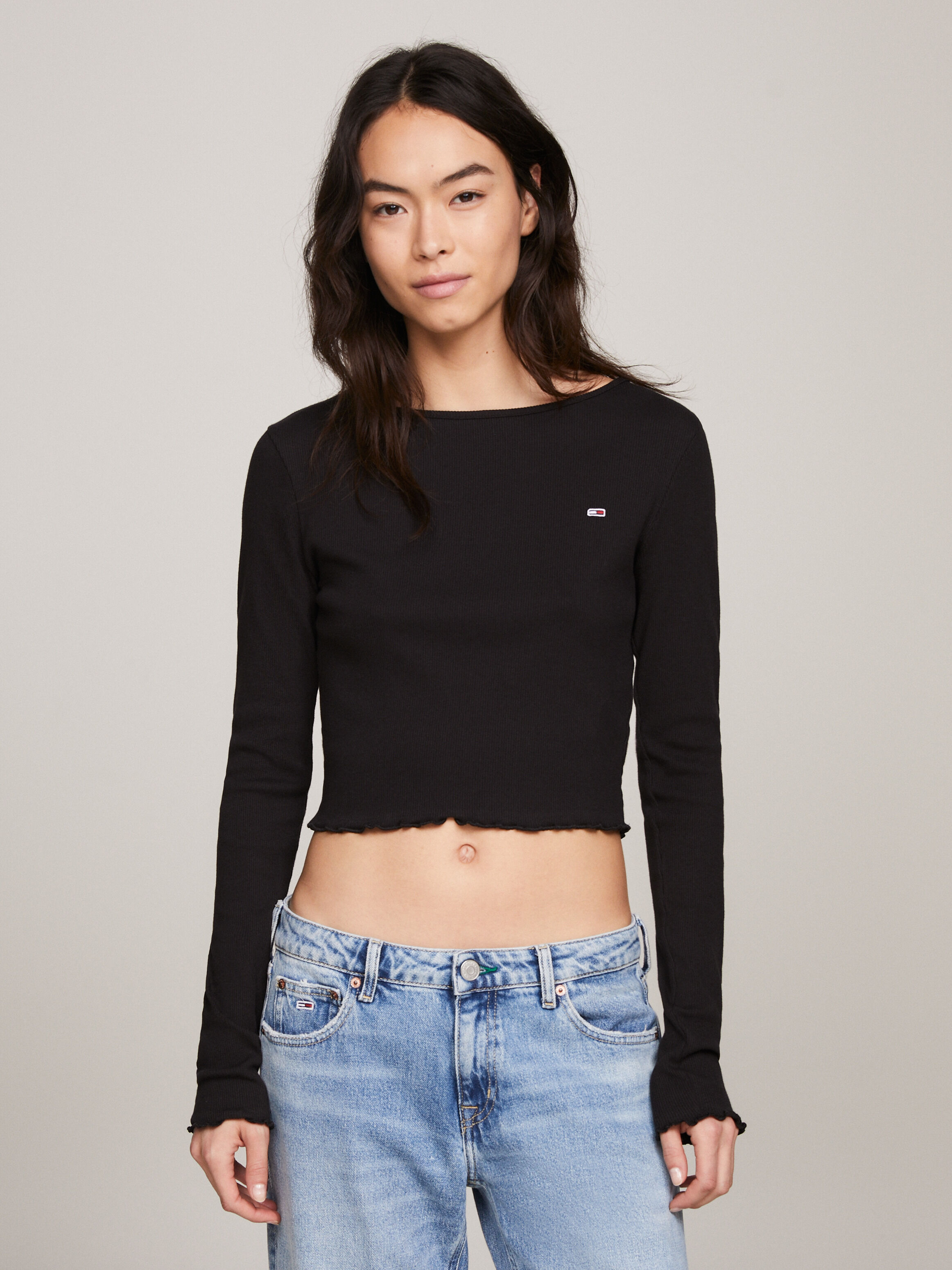 Long sleeve ruffle crop top hot sale