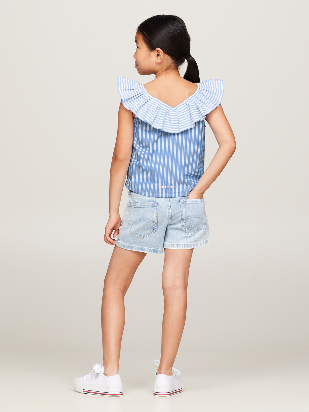 Mixed Stripe Frill Neckline Cropped Top, Blue Spell Stripe / White, hi-res