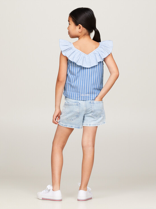 Mixed Stripe Frill Neckline Cropped Top