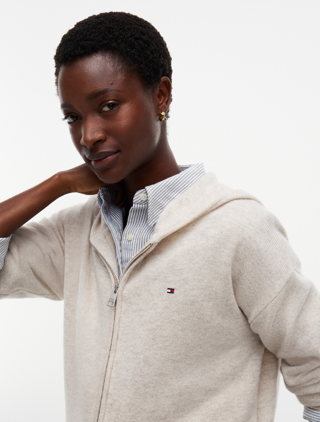 Pure Wool Slim Zip-Thru Hooded Jumper, Heather Oatmeal, hi-res