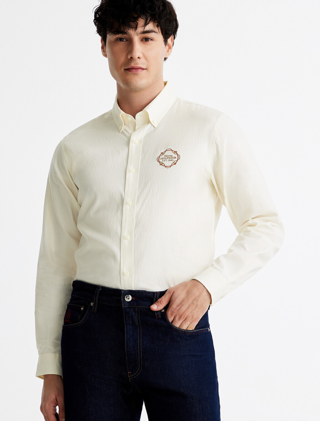 Jacquard Pattern Stripe Shirt, Ivory Petal, hi-res