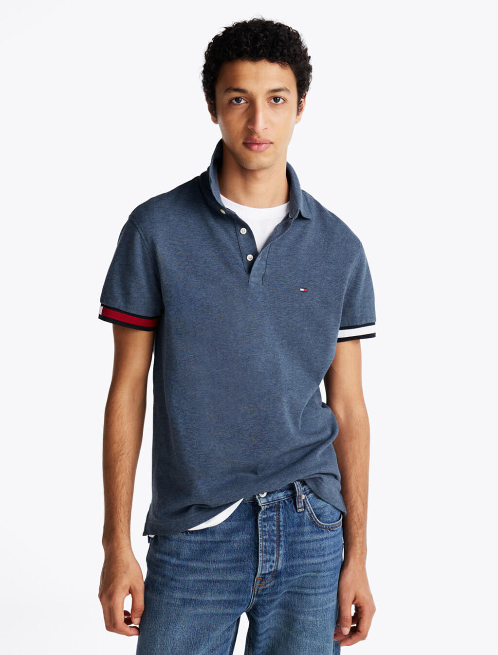 旗幟袖口修身 Polo 衫, Faded Indigo Heather, hi-res