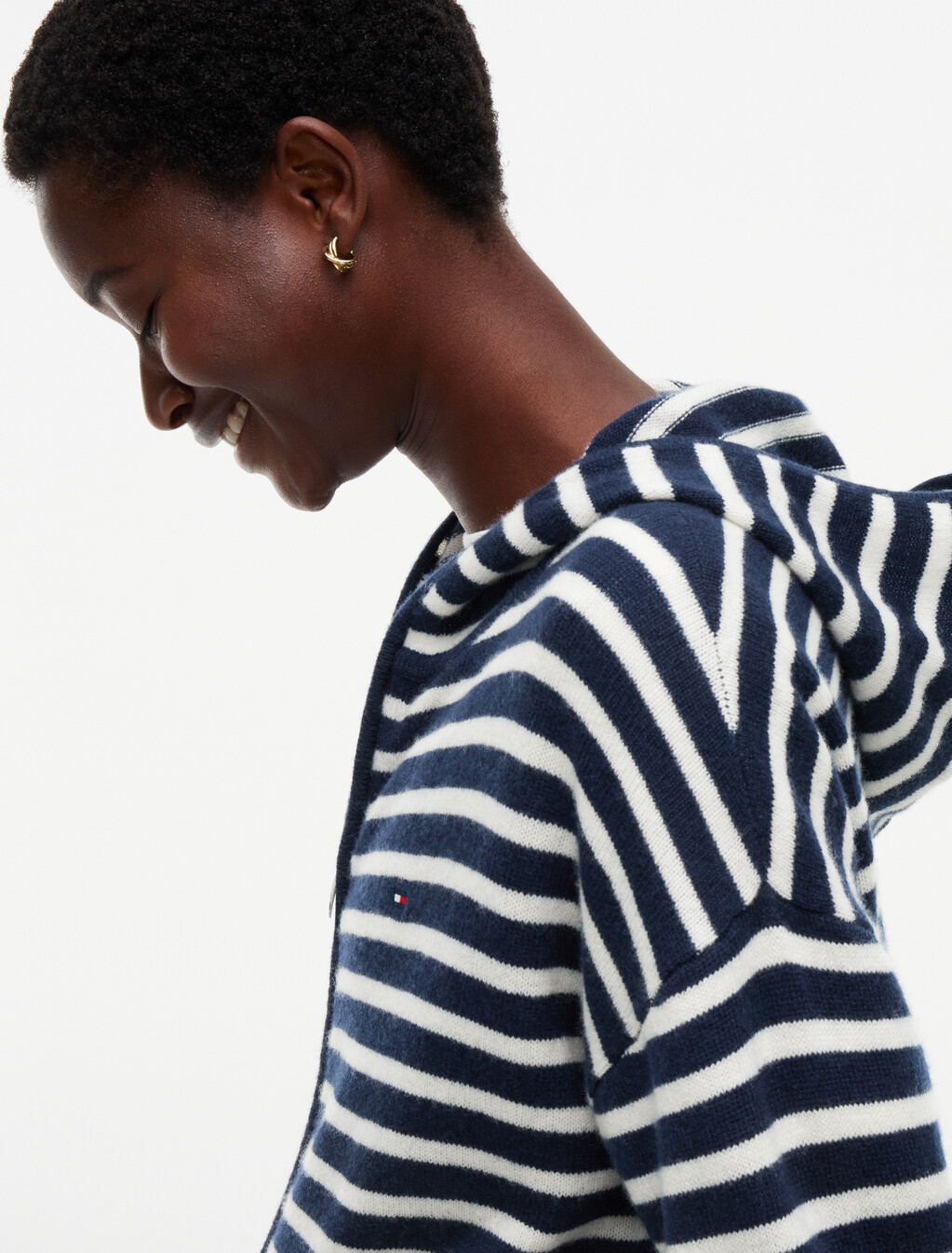 Pure Wool Slim Zip-Thru Hooded Jumper, Stripe Dark Blue / Ecru, hi-res