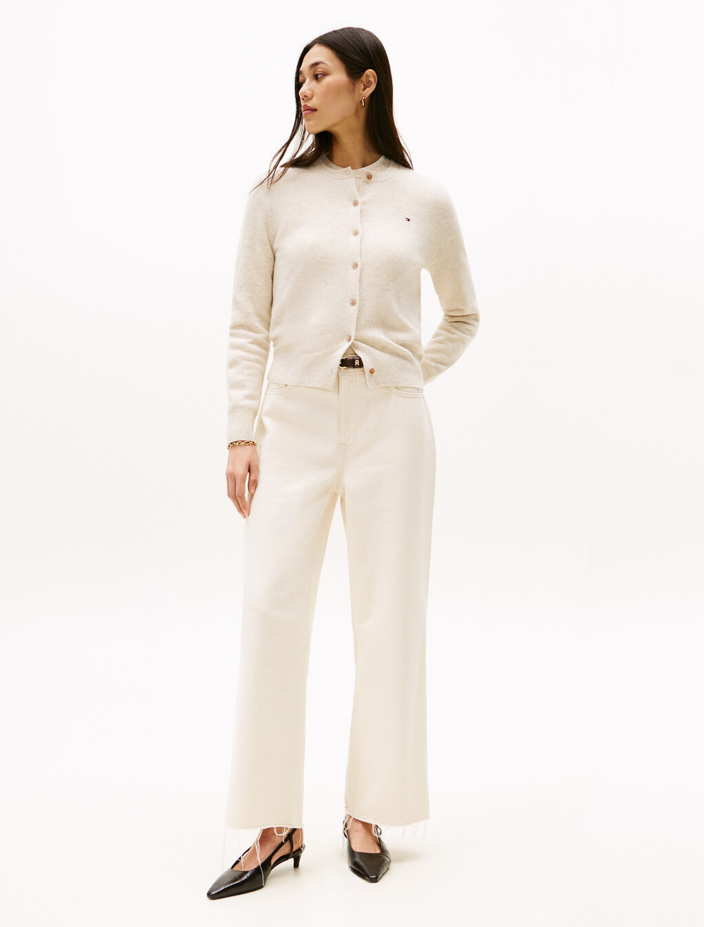 Cashmere Round Neck Cardigan, Heather Oatmilk, hi-res