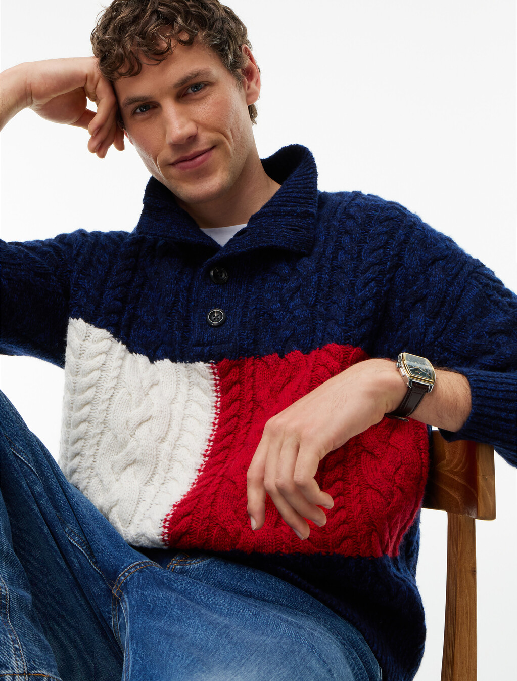 Wool Blend Button Mock Neck Jumper, Navy Blue, hi-res