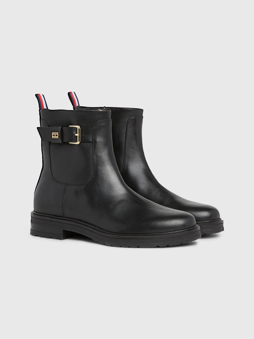 Belt Detail Leather Boots, Black, hi-res