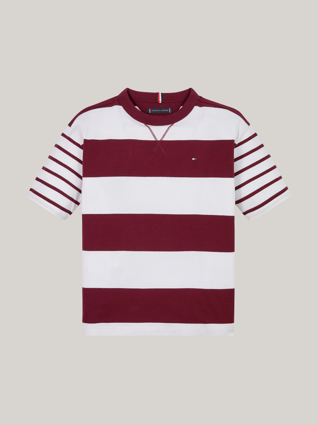 Mixed Stripe Crew Neck T-Shirt, Deep Rouge / White, hi-res