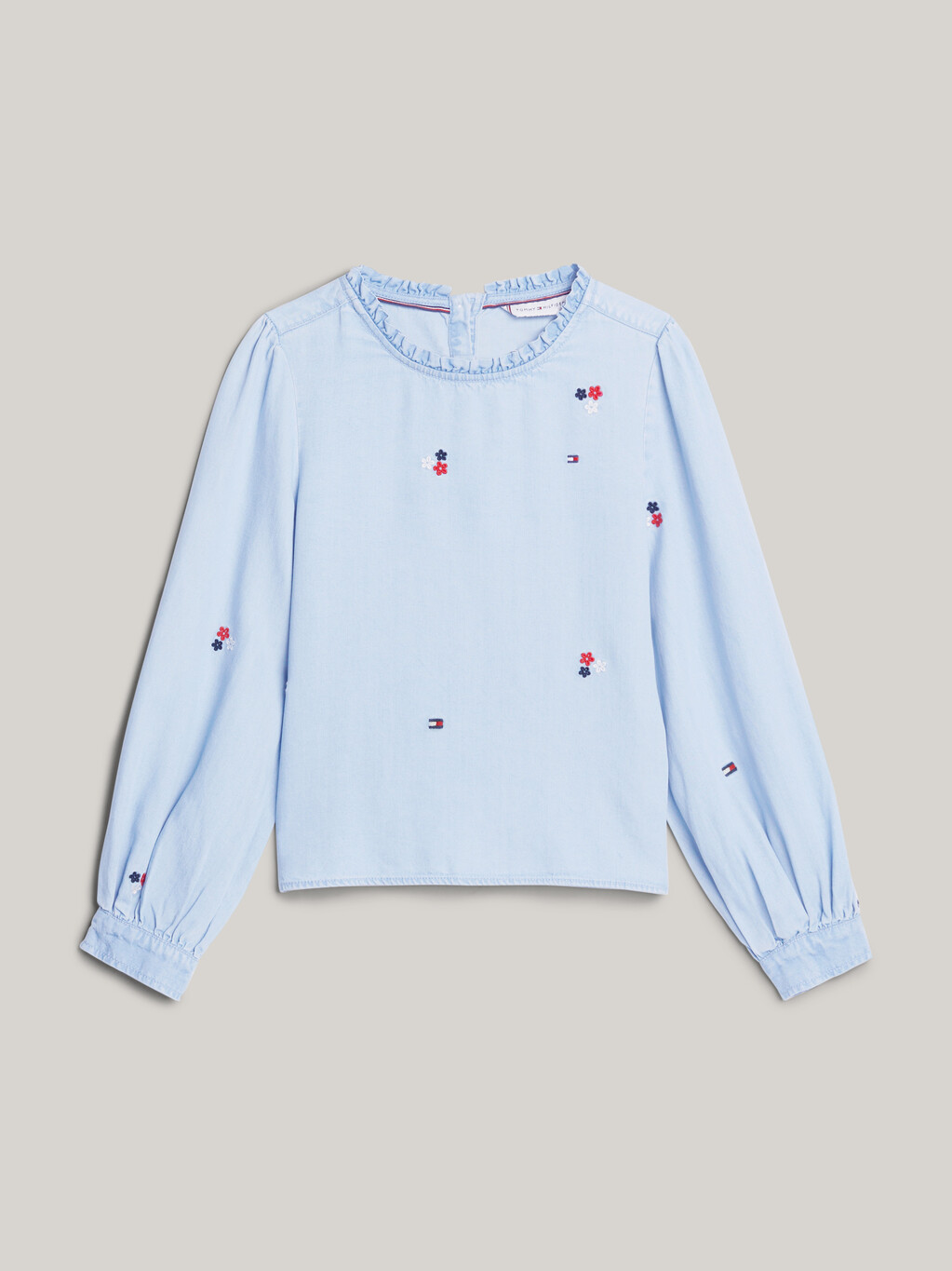 Floral Embroidery Chambray Blouse, Denim Medium, hi-res