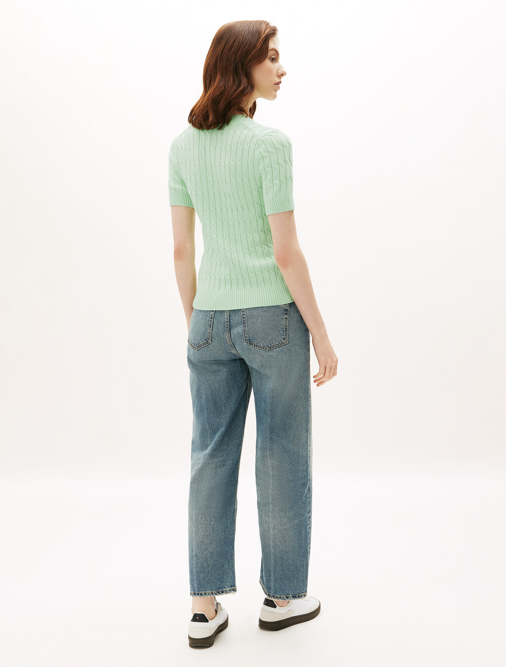 Cable Knit Short Sleeve Jumper, Opal Green, hi-res