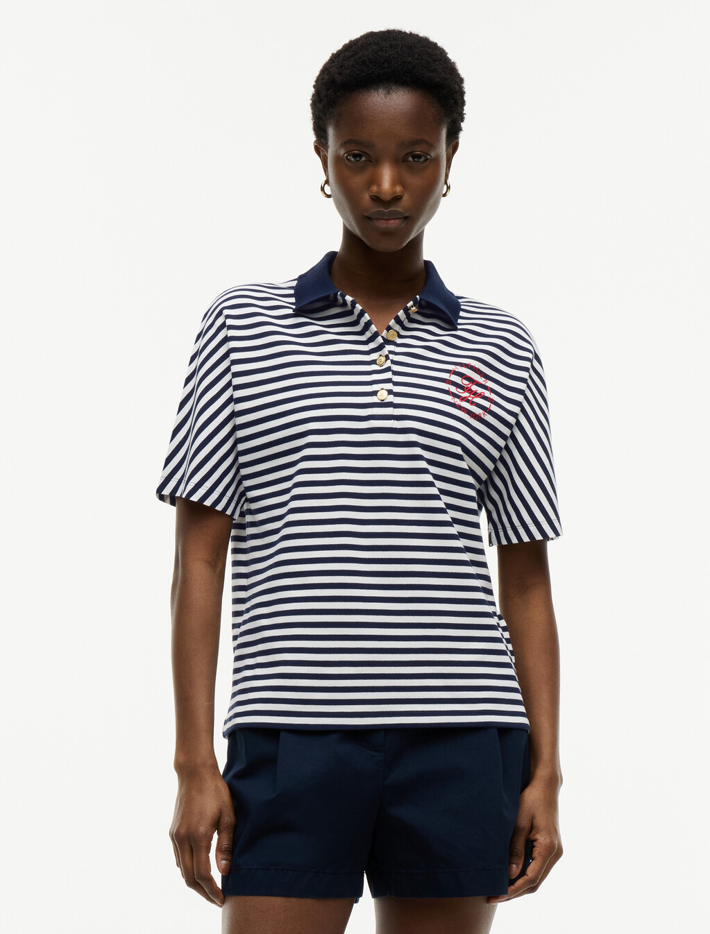 Regular Fit Gold-Tone Button Polo Shirt, Breton Stripe Dark Night Navy/Ecru, hi-res