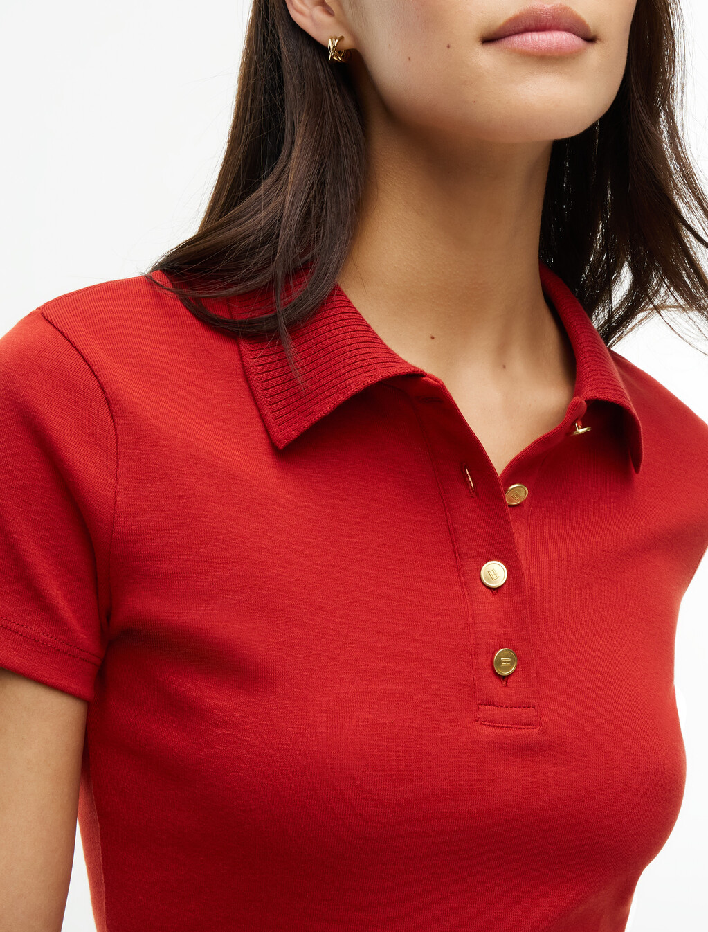 Slim Fit Gold-Tone Button Polo Shirt, Dark Magma, hi-res
